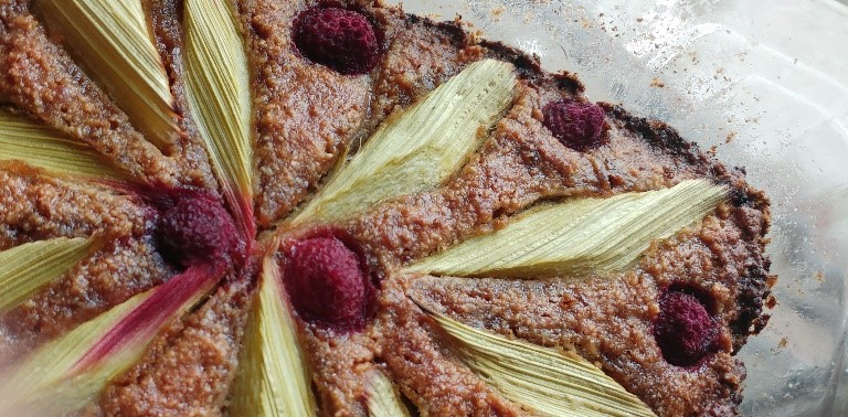 Gâteau à l’amande, rhubarbe et framboise